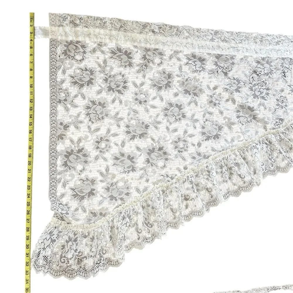 Vintage 4 Panels Burlington Floral Lace Triangle Valances Ruffle Trim Off White